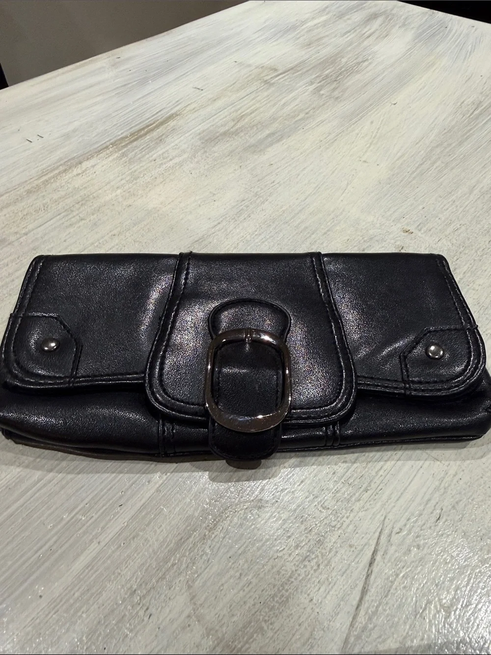 Y2K Classic Black Leather Clutch with Large Buckle Detail